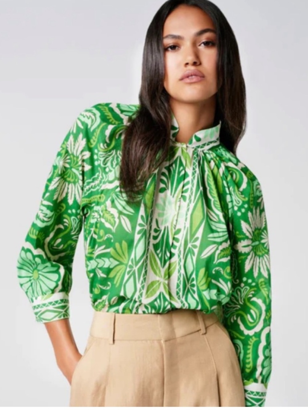 Smythe Green Patterned Blouse lightweight cotton gathered 3/4 sleeves sz L